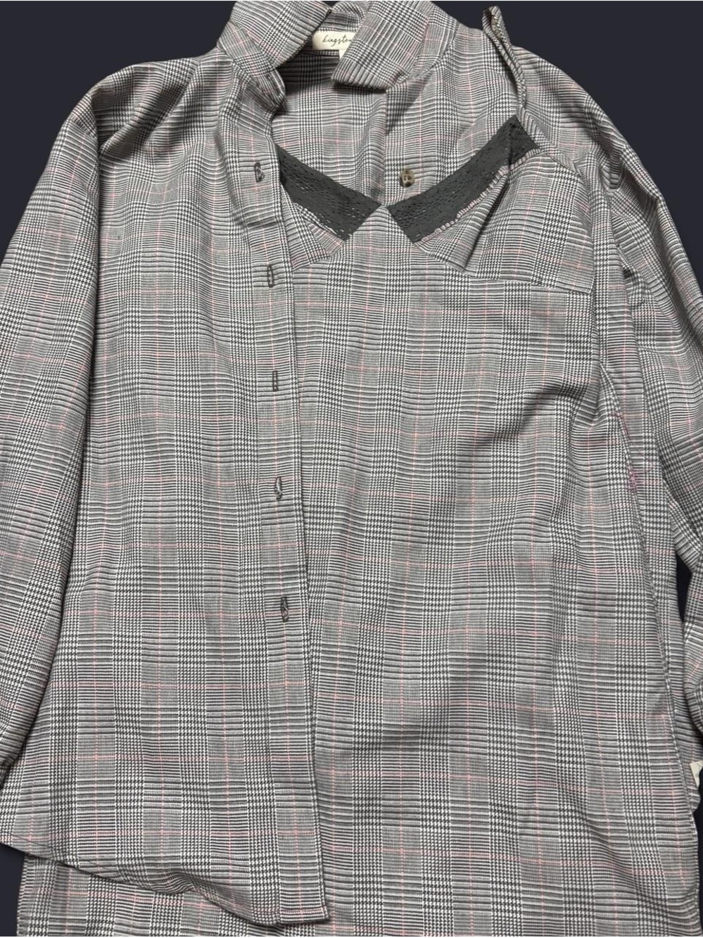 Plaid Women’s Lace Mini Dress & Oversized Button-Up Shirt - Gray/Pink/Black